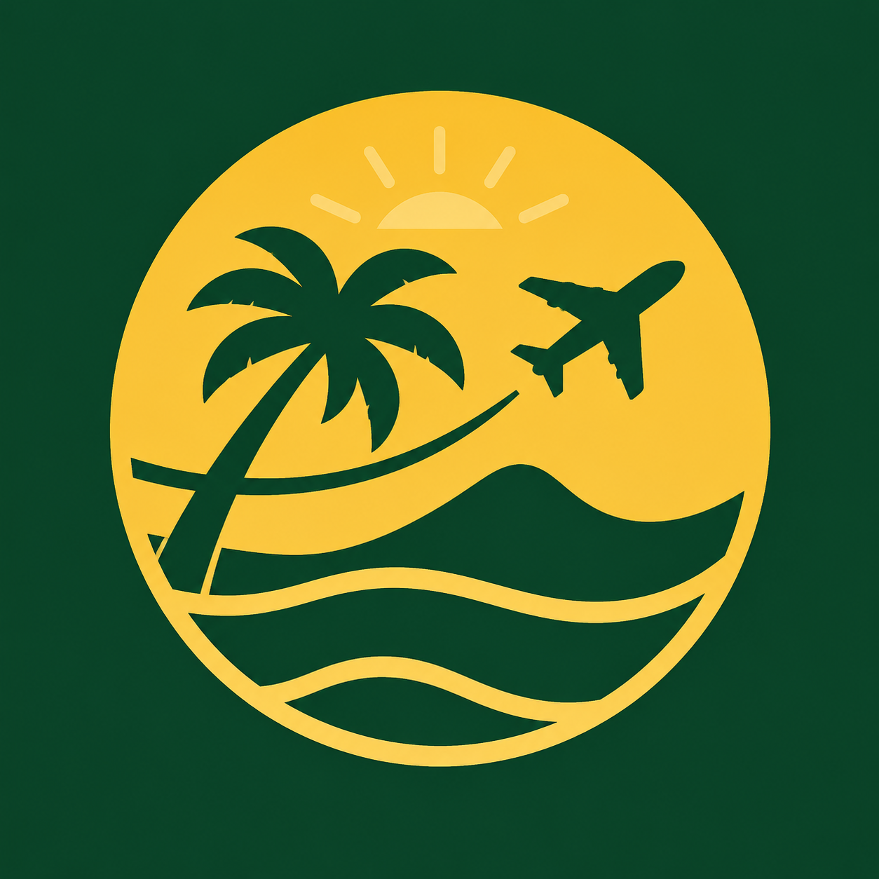 StampdUp Travel compact logo with a palm tree, airplane, sun, and ocean